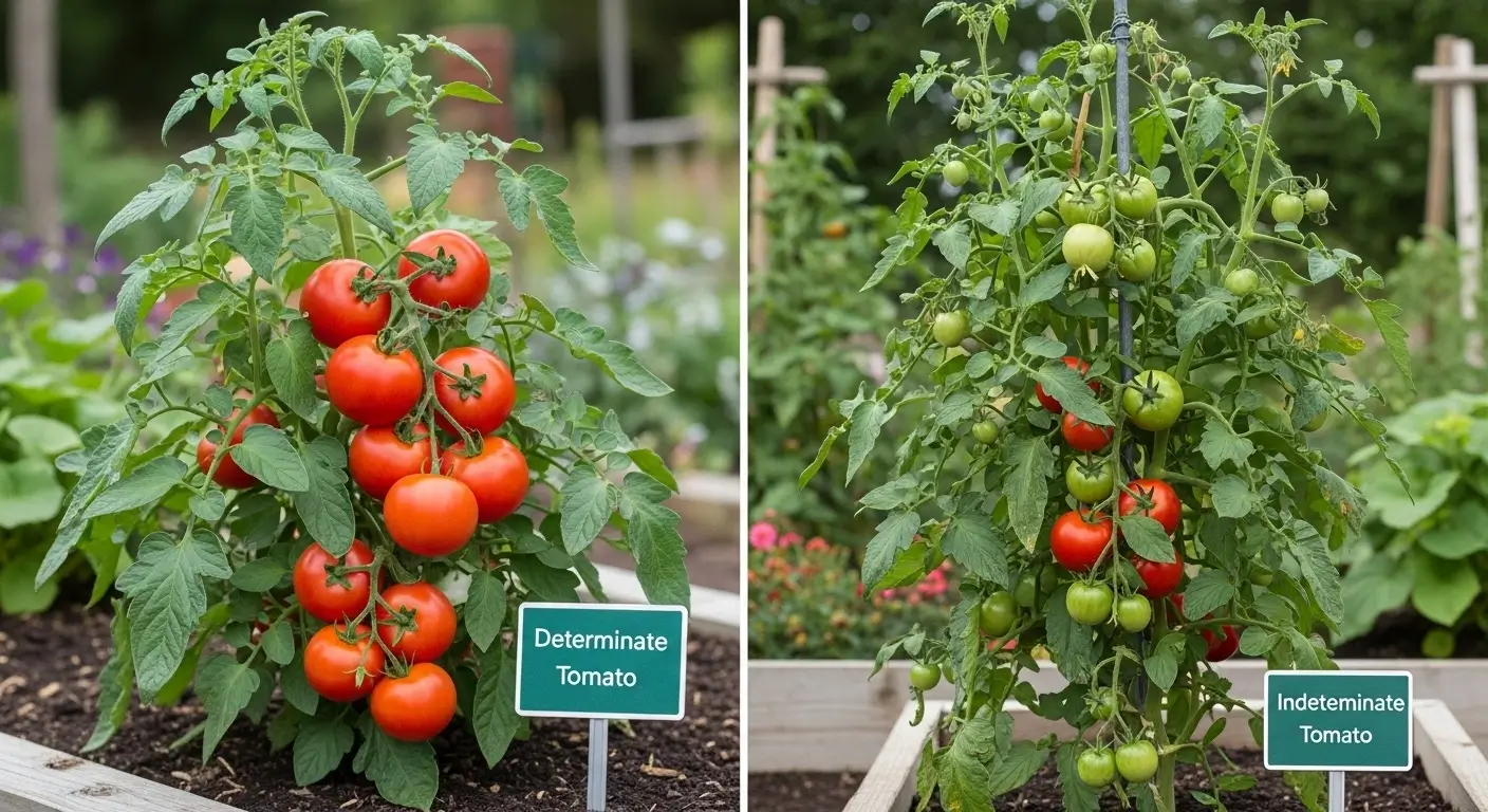 Determinate vs indeterminate tomatoes side by side comparison in garden