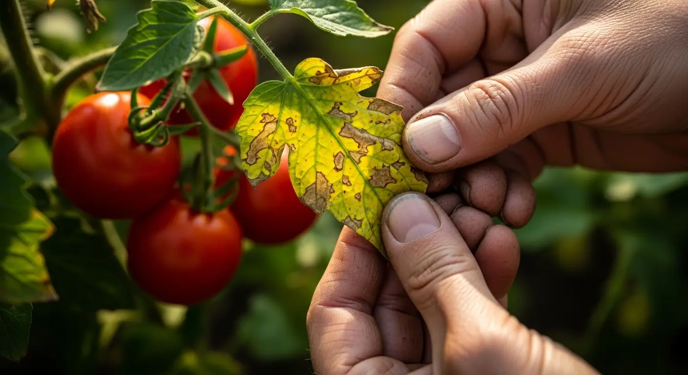 Gardener diagnosing tomato plant problems with spotted diseased leaves in home garden