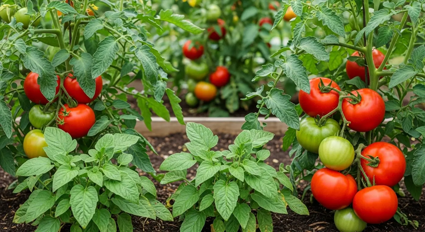 Healthy disease-resistant tomatoes growing in raised bed garden with no signs of blight or disease