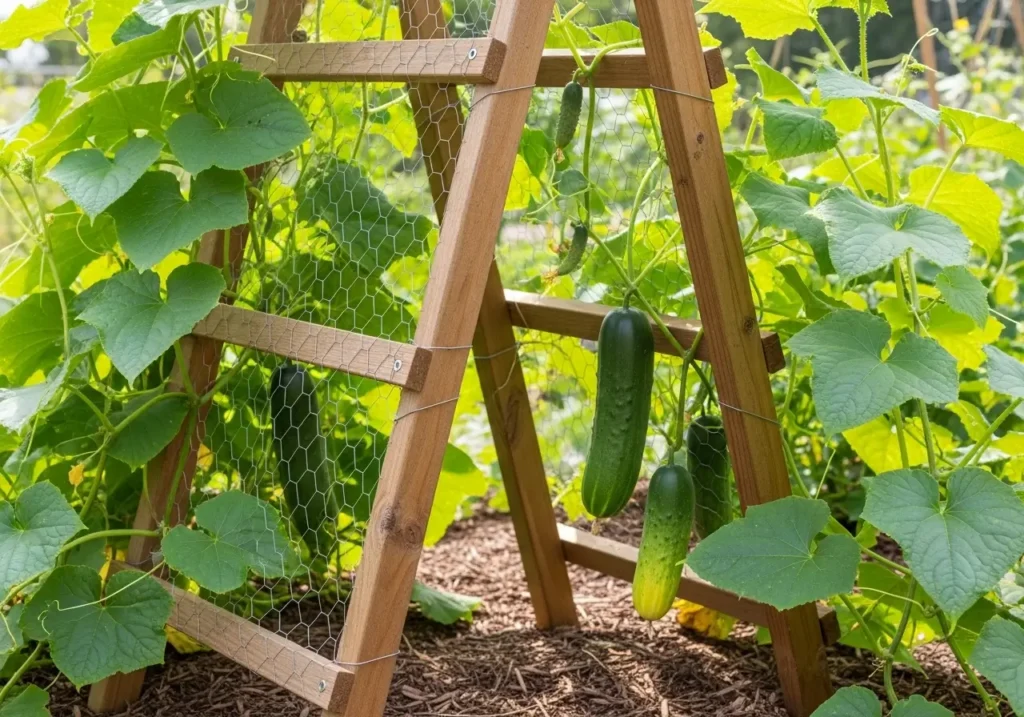 DIY A-frame cucumber trellis ideas showing wooden construction with wire mesh support