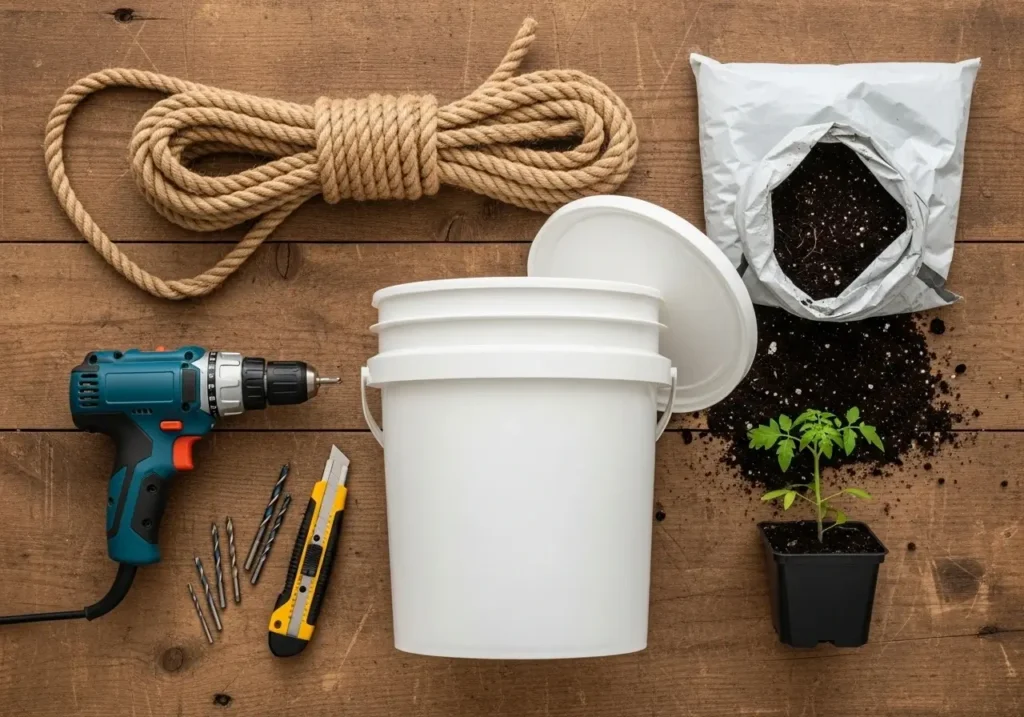 DIY materials for building upside down tomato planter project