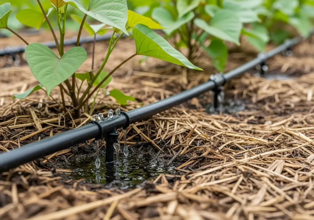 Drip irrigation emitters delivering water for sweet potato watering schedule showing targeted root zone watering
