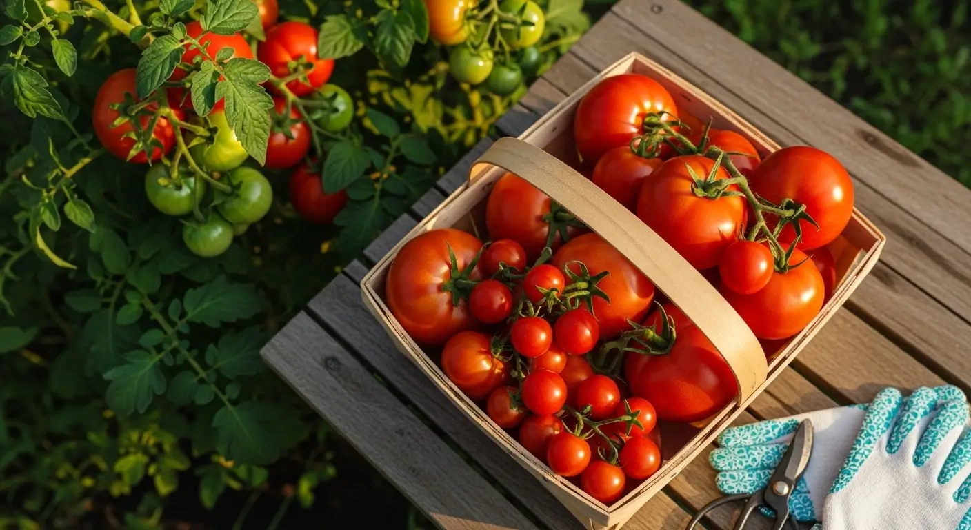 Freshly harvested fastest-growing tomatoes in garden basket with healthy plants in background