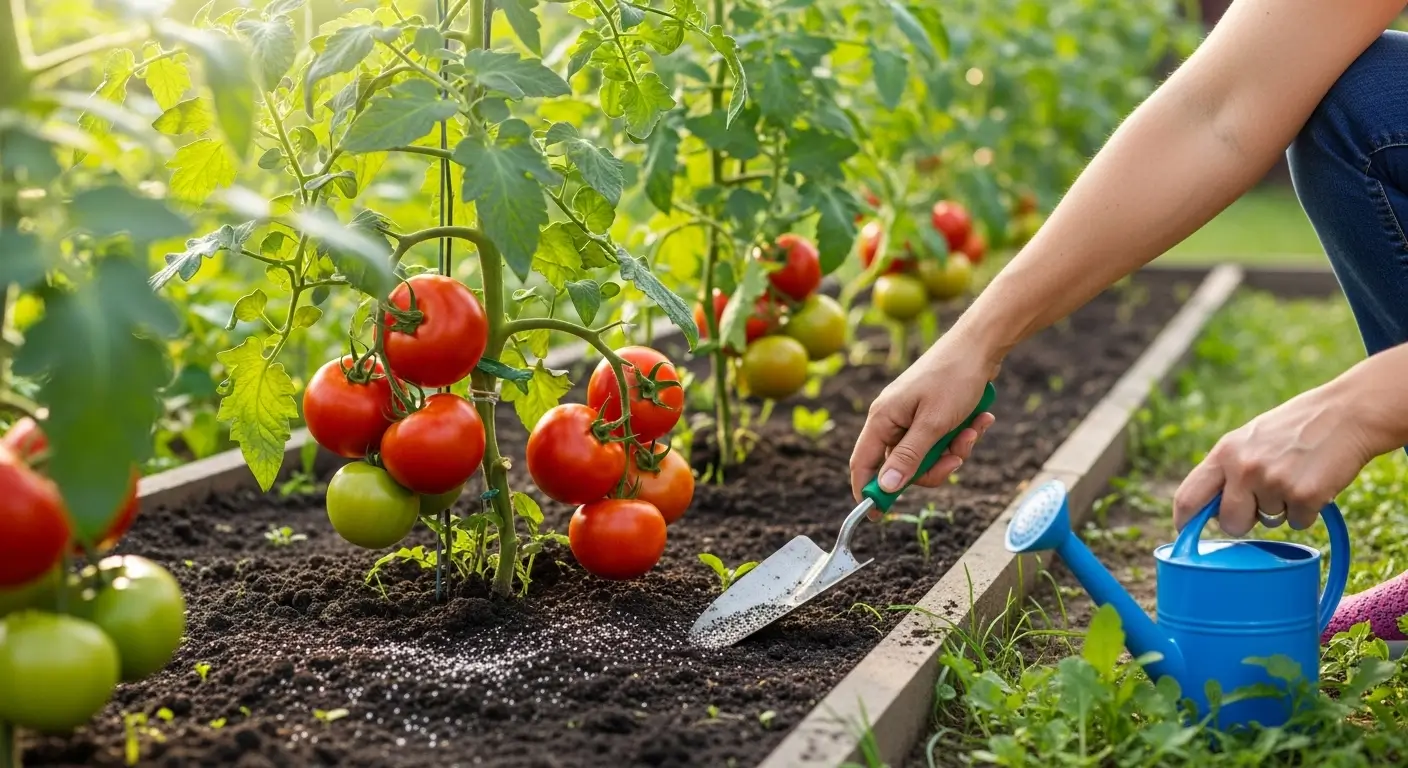 Fertilizing tomato plants with granular fertilizer in home garden for healthy harvest