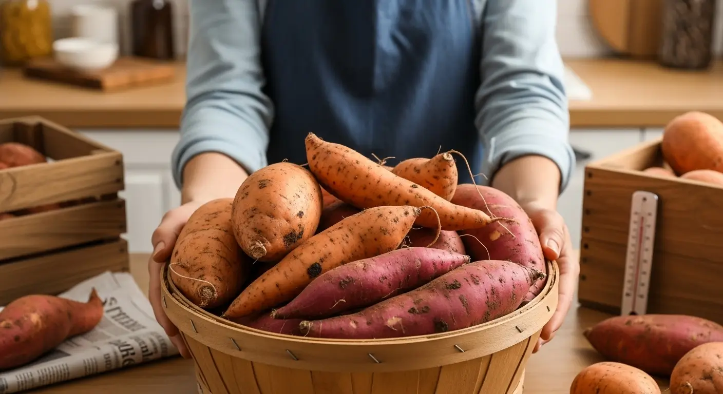 Fresh harvest of homegrown sweet potatoes ready for curing and storing sweet potatoes long term