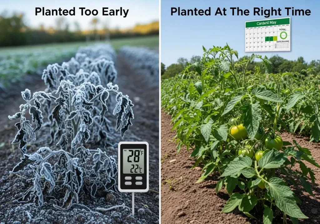 Frost damaged tomato plants from planting too early before optimal time to plant tomatoes