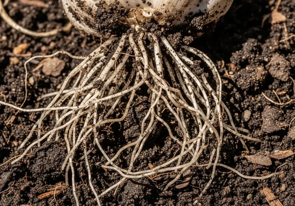 Garlic root system releasing allelopathic compounds that cause companion planting mistakes