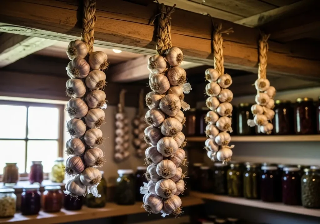 Traditional garlic braids hanging for long-term garlic storage