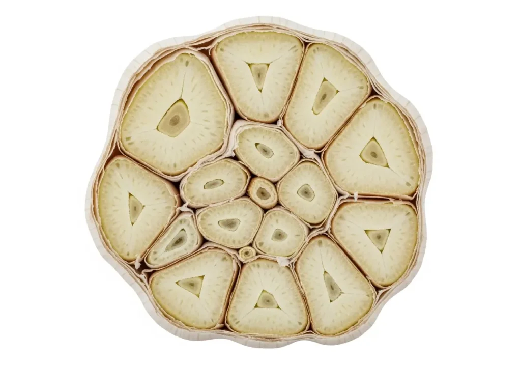 Cross-section of mature garlic bulb showing wrapper development for harvesting garlic