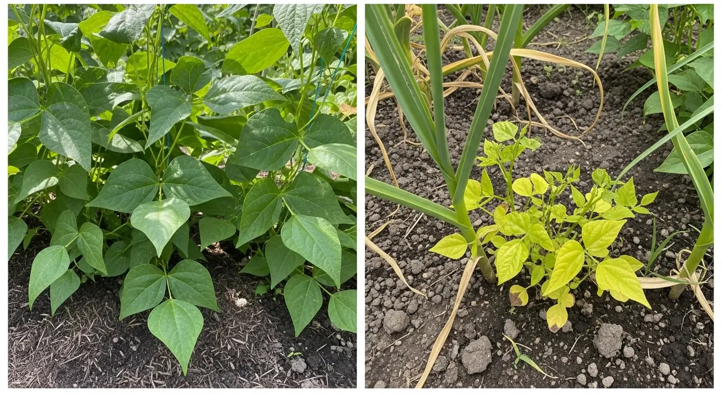Companion planting mistakes with garlic showing stunted beans next to garlic bulbs