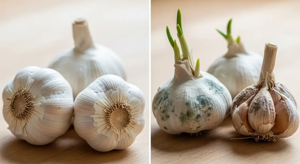 Comparison showing successful versus failed results when curing garlic after harvest