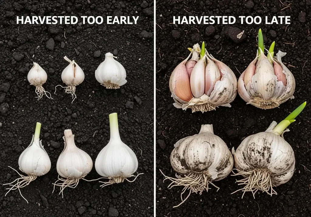 Common harvesting garlic mistakes showing too early versus too late harvest timing