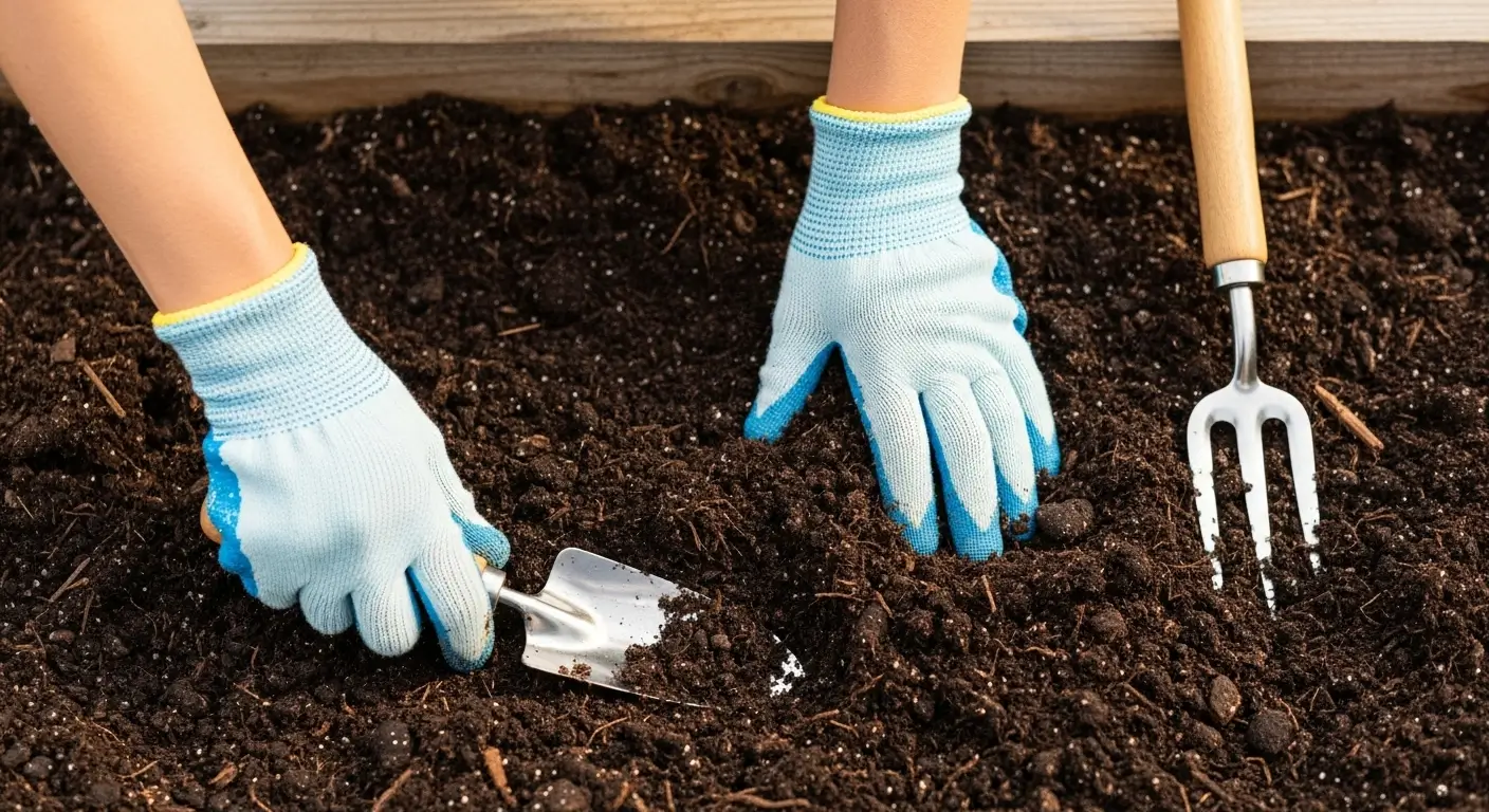 Hands preparing rich soil for garlic soil preparation in raised garden bed