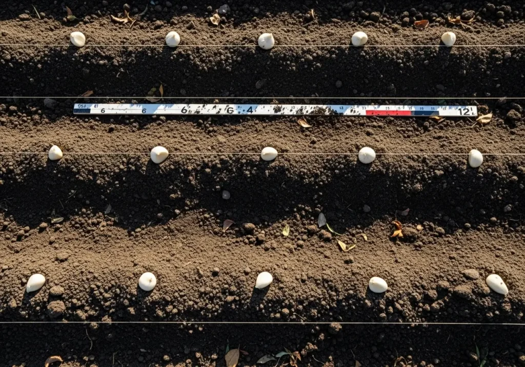 Properly spaced garlic bed showing correct garlic planting depth and spacing for maximum yield