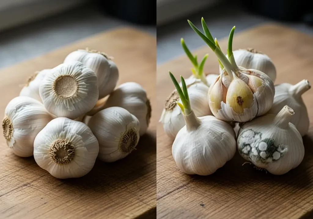 Comparison showing fresh garlic versus sprouted and moldy garlic from improper storing
