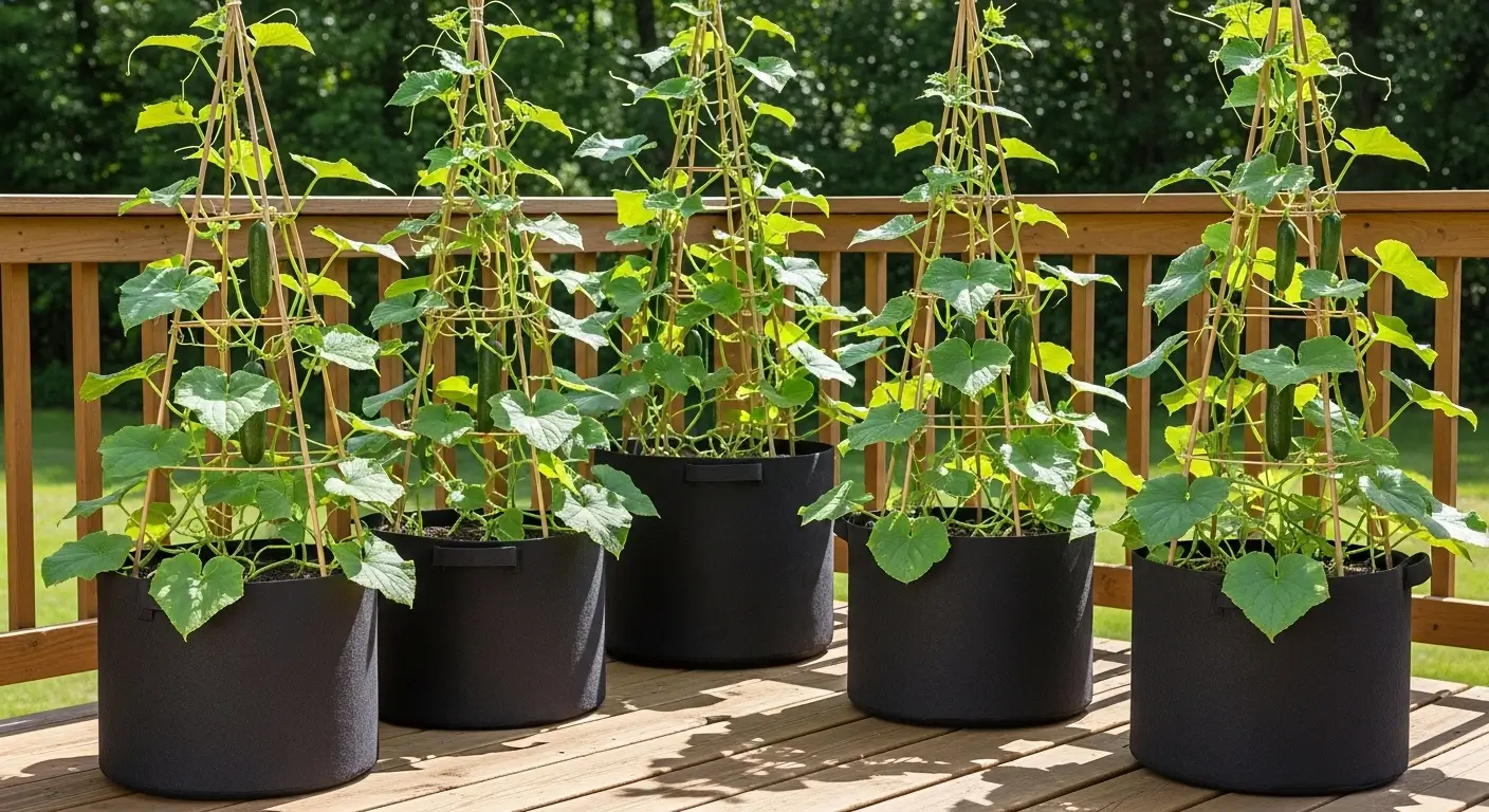 Growing cucumbers in containers on patio with fabric grow bags and trellises