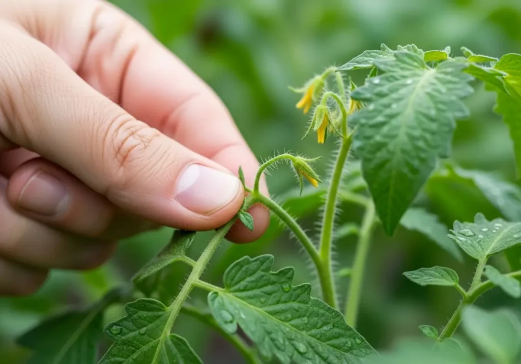 Hand-pinching small suckers when pruning tomato plants without using tools