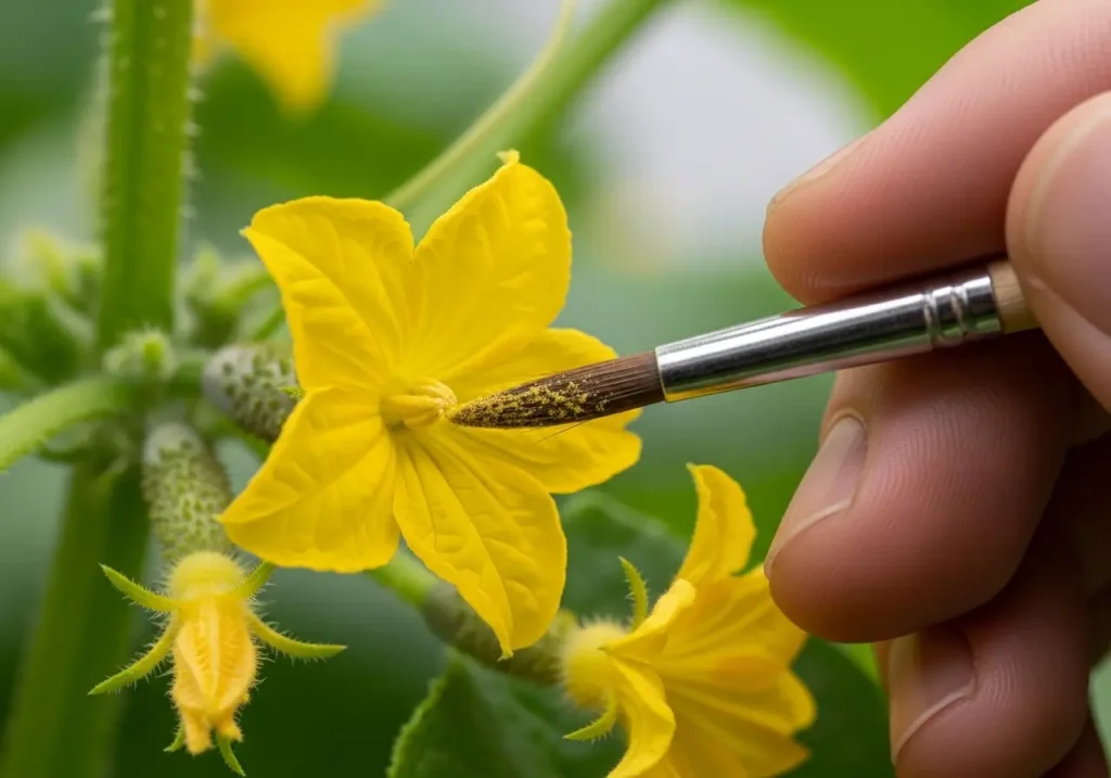 Hand pollination technique for growing cucumbers indoors using small brush