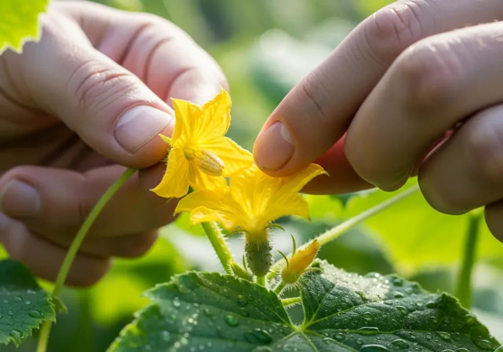 Hand pollination technique for cucumber flowers to improve cucumber pollination