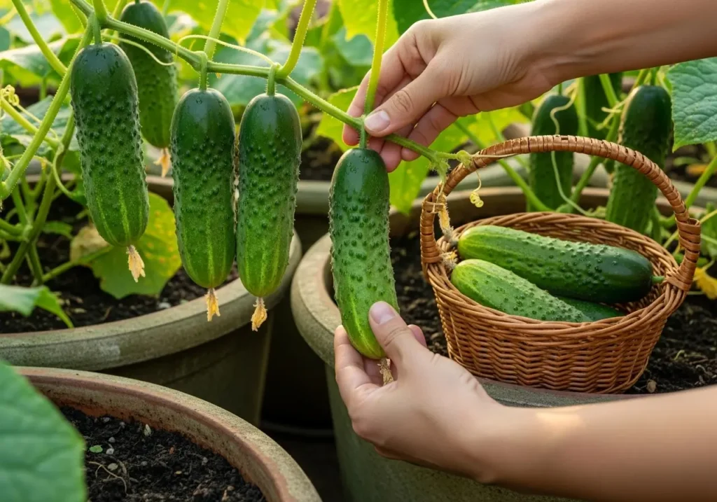 Harvesting fresh cucumbers from growing cucumbers in containers showing perfect harvest timing