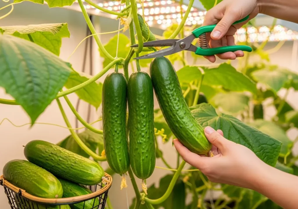 Fresh cucumber harvest from successful indoor growing cucumbers setup