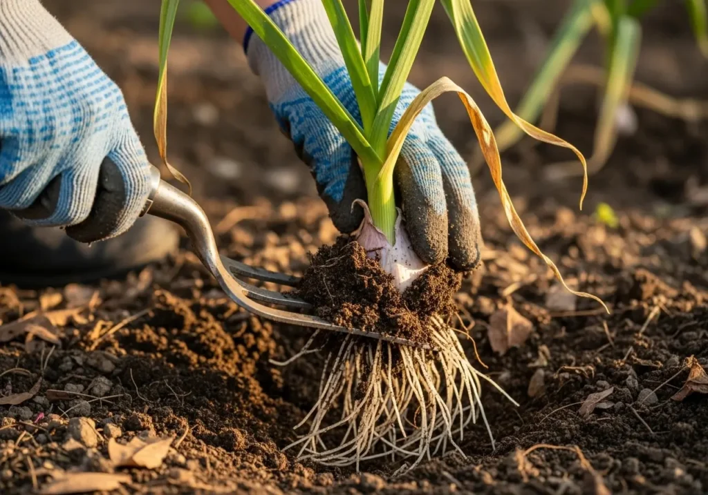 Proper technique for harvesting garlic using digging fork to avoid bulb damage