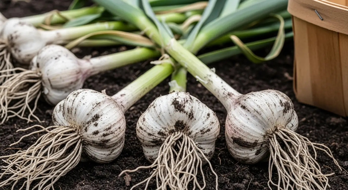 Freshly harvested garlic bulbs with stems showing proper harvesting garlic timing