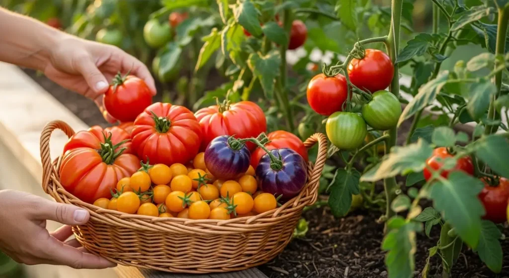 Abundant harvest of raised bed tomatoes showing successful homegrown varieties