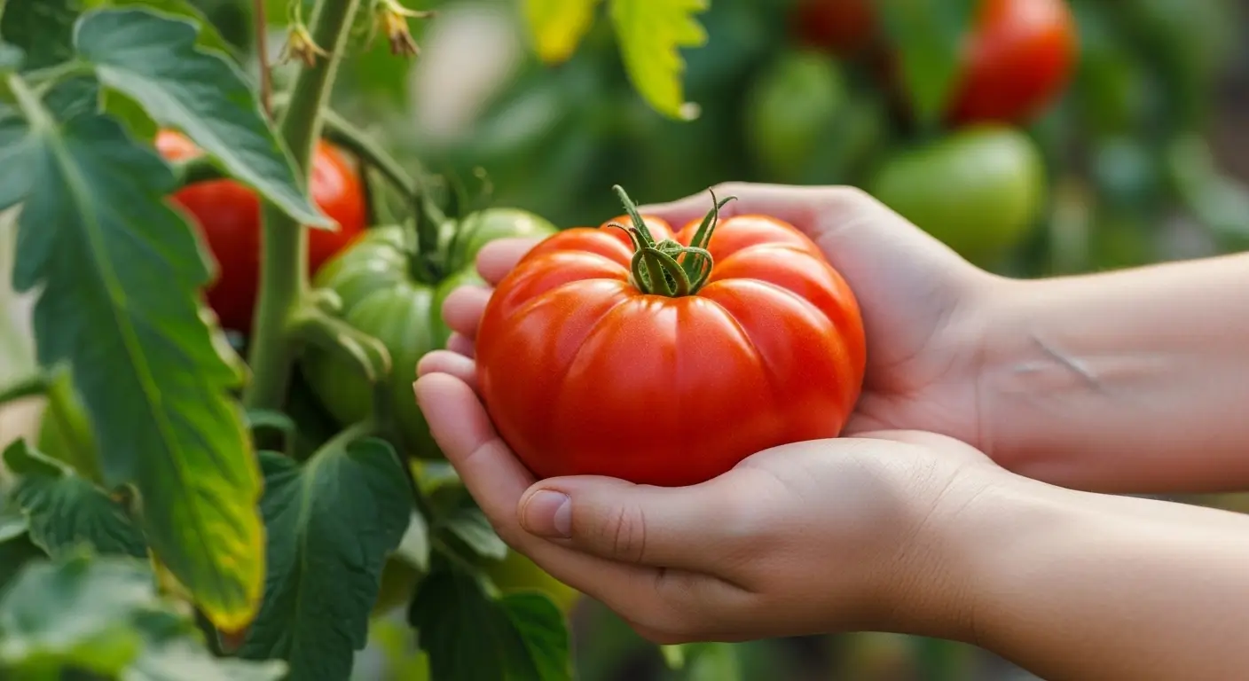 Hands harvesting tomatoes in garden showing perfect timing for peak ripeness