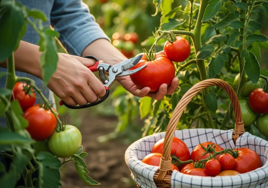 Proper tools and technique for harvesting tomatoes with pruning shears in garden