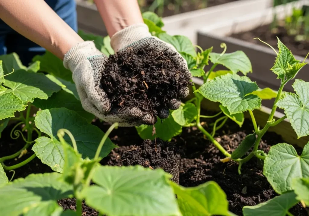 Healthy soil and compost preventing cucumber plant problems in raised garden bed