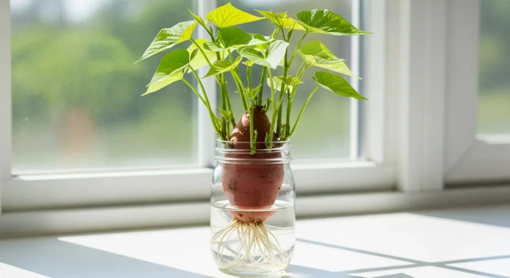 Healthy sweet potato slips growing in water showing successful slip propagation