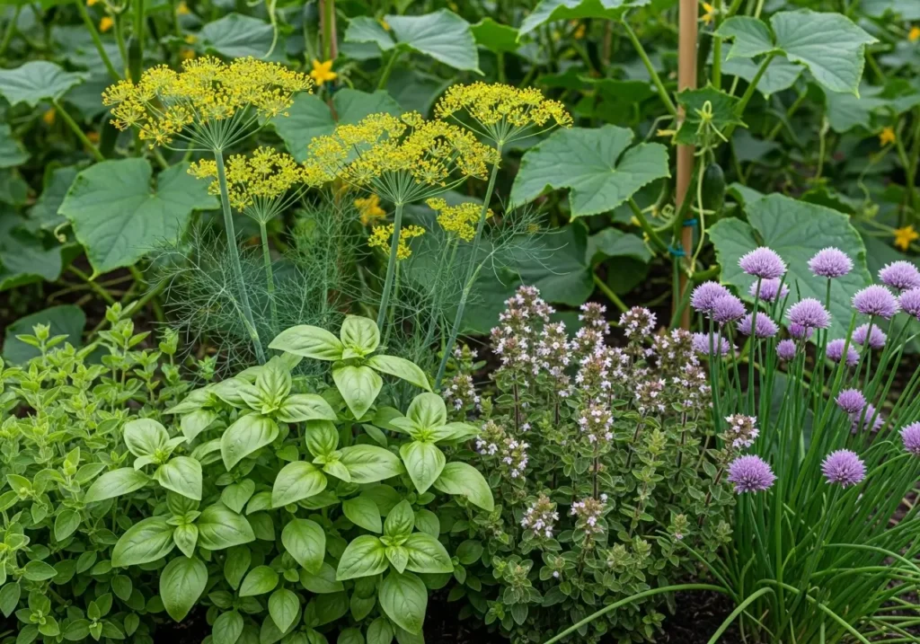 Mixed herbs including dill and basil growing as cucumber companion plants for natural pest deterrent