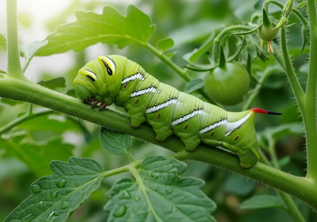 Large green hornworm pest camouflaged on tomato plant causing damage to leaves