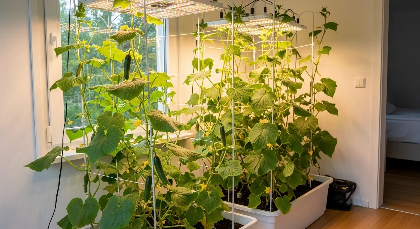 Complete indoor cucumber growing setup with LED lights and climbing plants