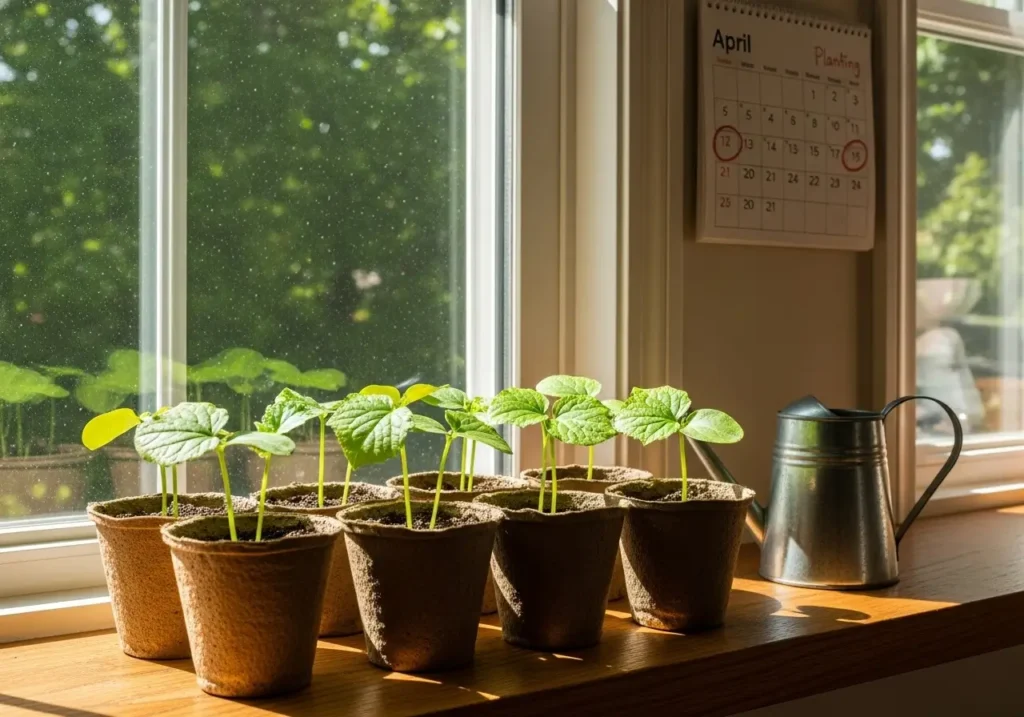 When to plant cucumbers indoors showing seedlings in peat pots with timing calendar