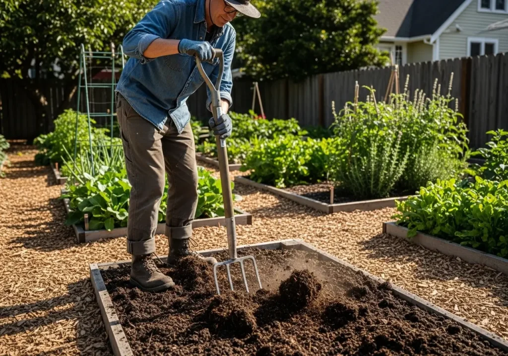Gardener using broadfork to loosen soil during garlic soil preparation process