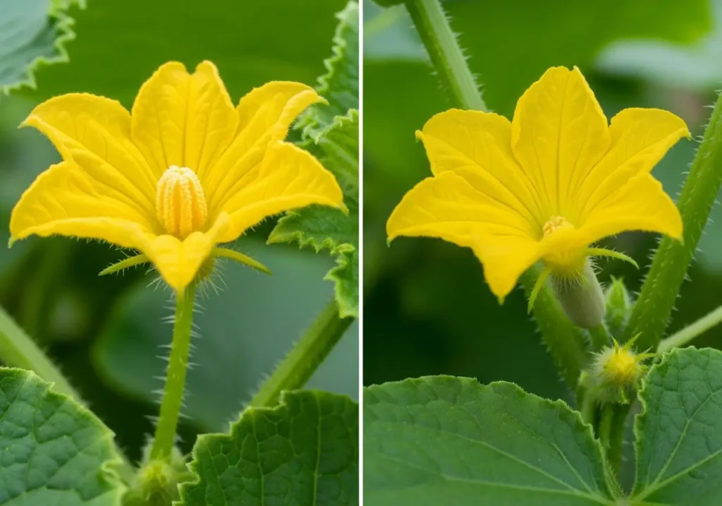 Male vs female cucumber flowers showing differences in cucumber pollination
