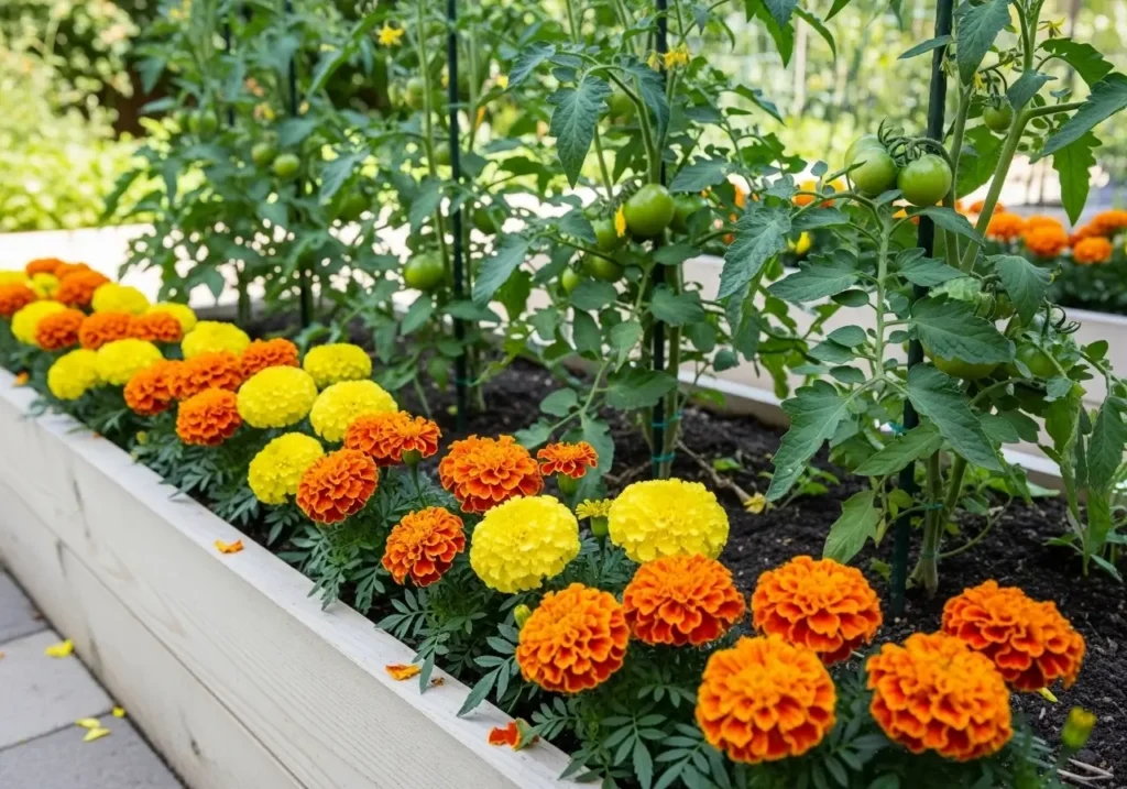 French marigolds as tomato companion plants creating natural pest deterrent border