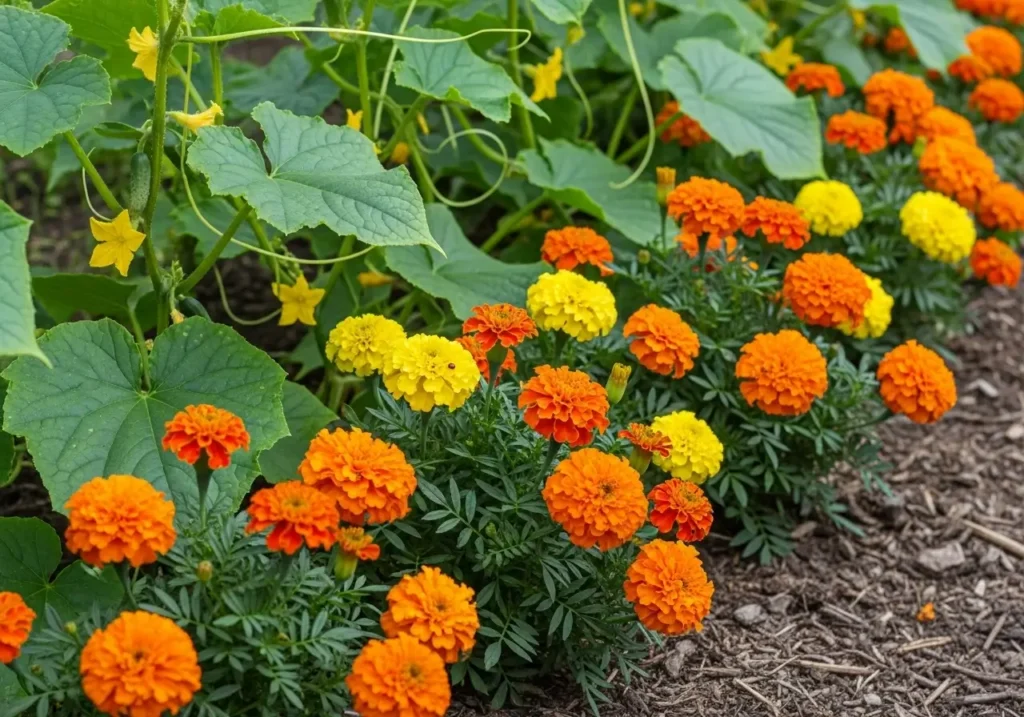 French marigolds blooming as cucumber companion plants providing natural pest control in vegetable garden