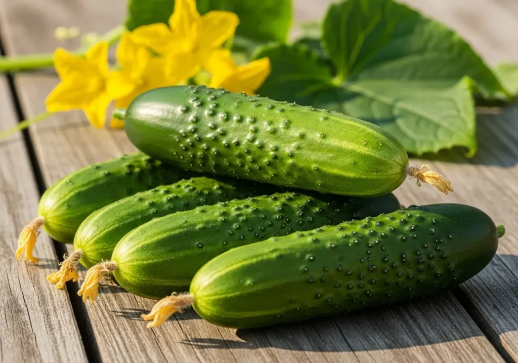 Marketmore 76 cucumber varieties with dark green smooth skin on garden table