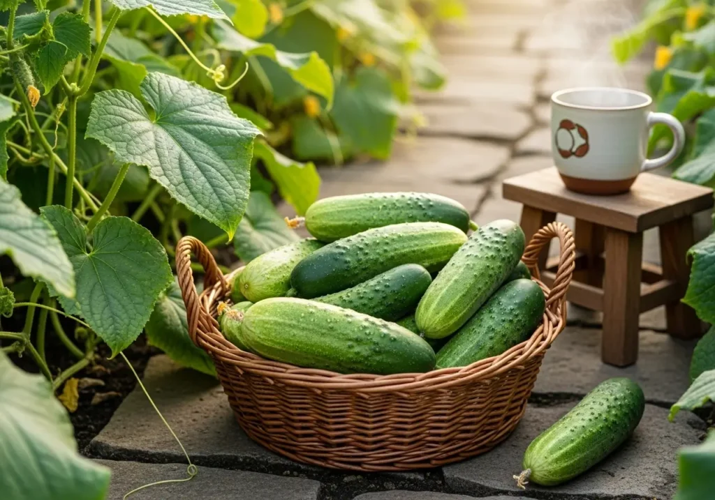 Daily cucumber harvesting routine with fresh morning harvest in garden basket