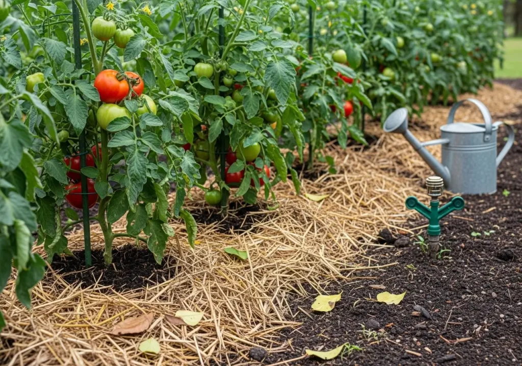 Healthy tomato plants growing in best soil with organic mulch for season-long nutrition