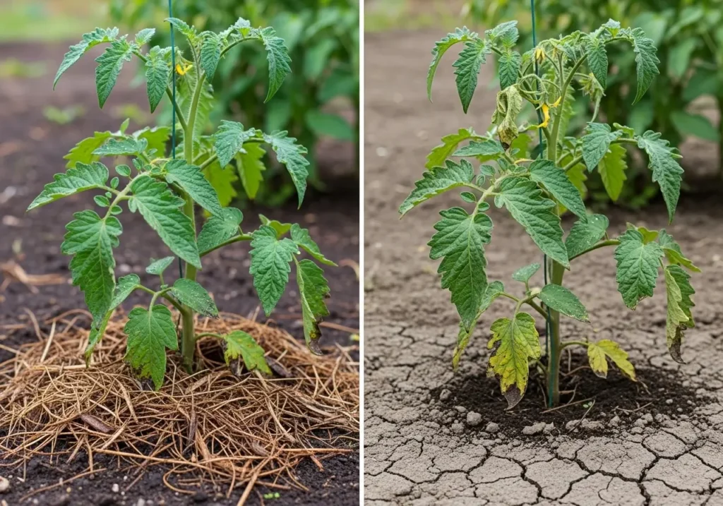 Comparison of mulched versus unmulched tomato plants showing mulching tomatoes benefits