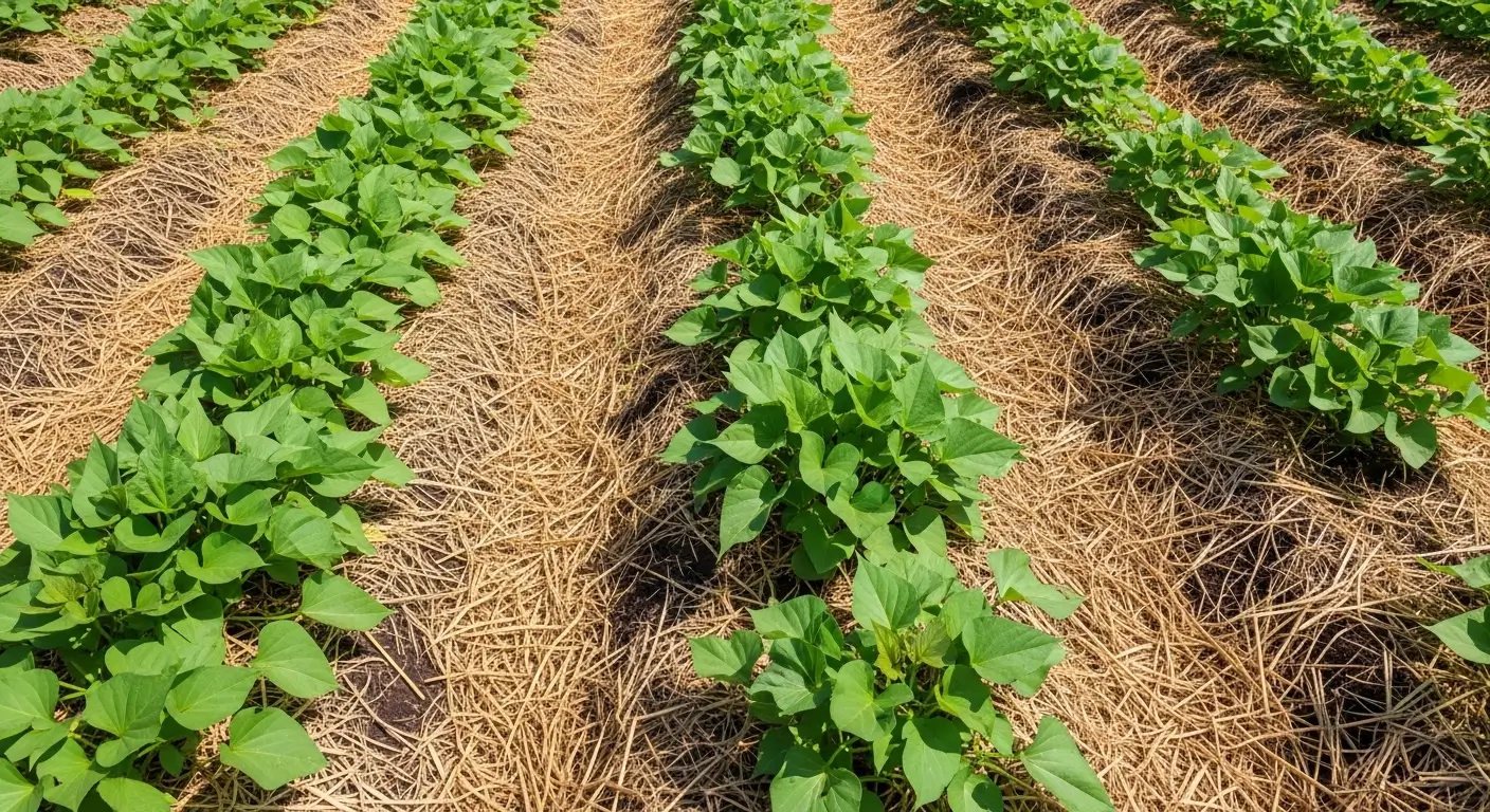 Mulching sweet potatoes garden with straw mulch and healthy vines