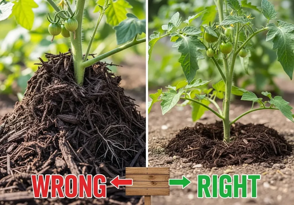 Common mulching tomatoes mistakes showing incorrect volcano method versus proper technique
