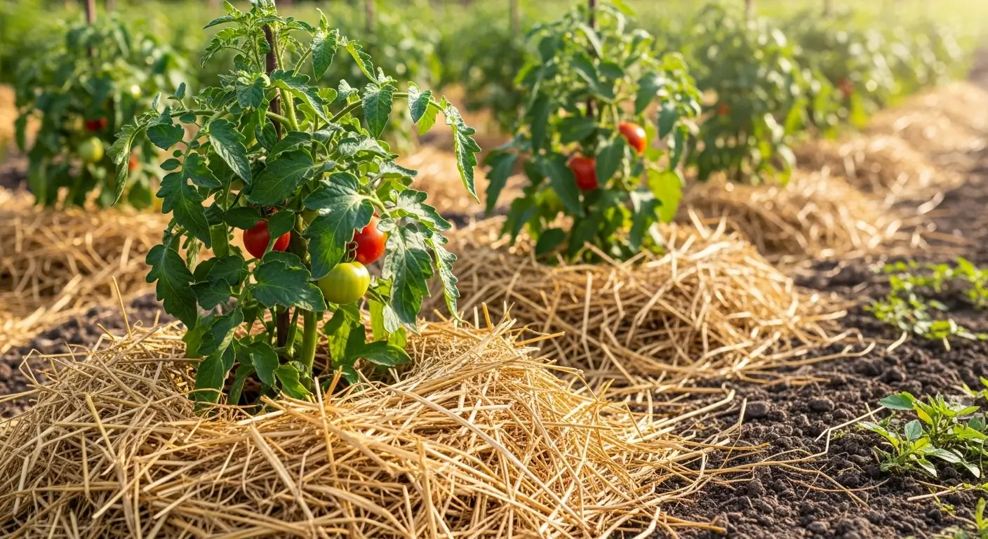 Healthy tomato plants with proper straw mulch application showing benefits of mulching tomatoes