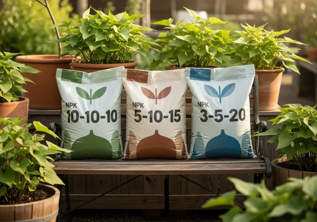 NPK ratio for sweet potatoes showing three different fertilizer types for seasonal feeding