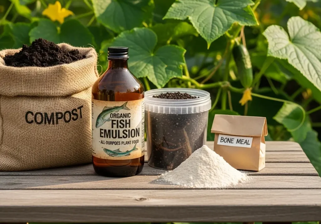 Best organic fertilizers for cucumber fertilization including compost fish emulsion and worm castings