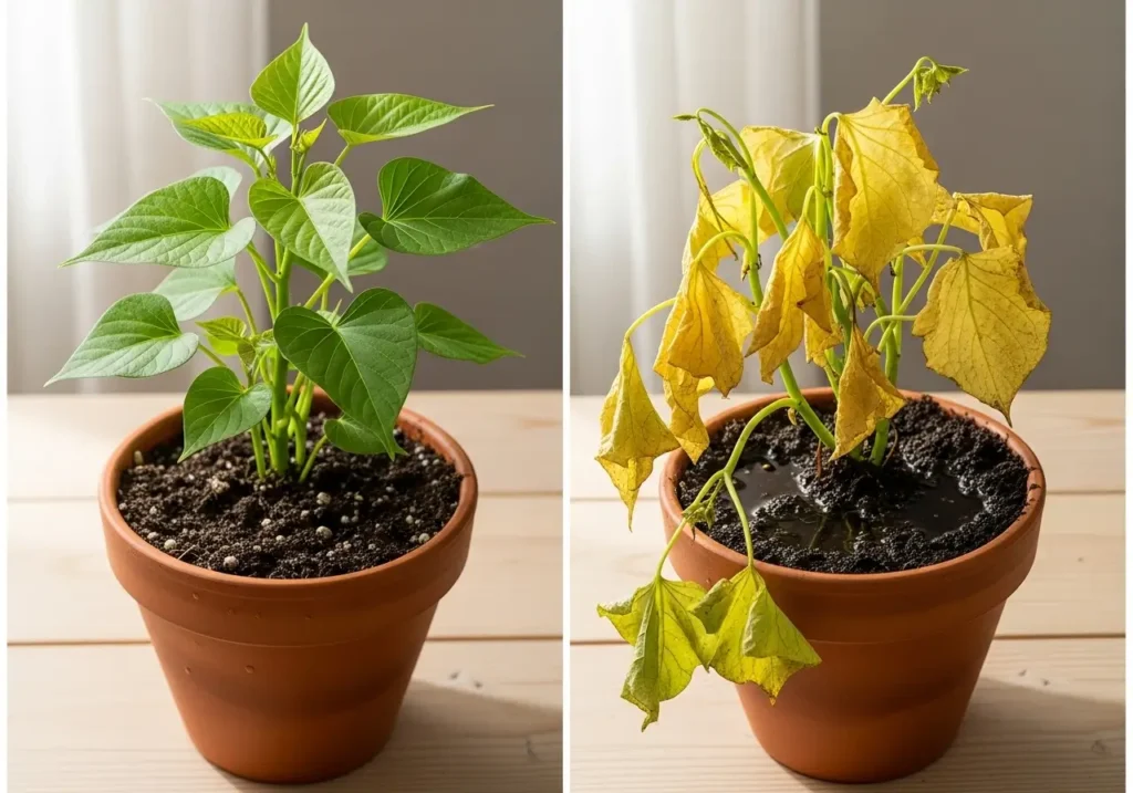 Sweet potato watering schedule comparison showing healthy plant versus overwatered plant with yellowing leaves